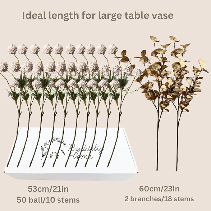 Artificial Flowers for Vase - Beige Silk Mums 10 Long Stems with Eucalyptus, Faux Flowers Home Decor, Neutral Tan Cream Floral Arrangement, Fake Chrysanthemum Pom Pom Stems, Spring Fall Centerpiece