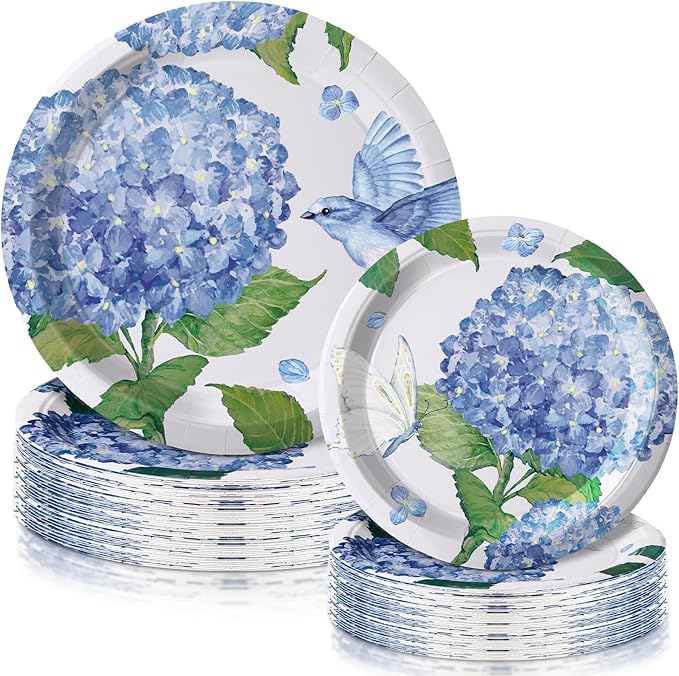 48 Pcs Hydrangea Paper Plates Set 9" 7" Summer Watercolor Disposable Plates Decorative Dinner Birthday Party Tableware for Baby Shower Party Supplies