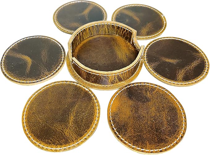 Rustic Town Leather Coasters for Drinks - Cup Coasters Coffee Table Kitchen Table Bar, Home & Office Gifts Handmade Drink Coasters