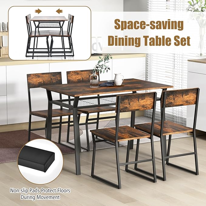 Giantex Dining Table Set for 4, 47”L x 28”W Rectangular Kitchen Table w/ 4 Trapezoid Chairs, Reinforced Metal Frame & Storage Rack, Industrial Space-Saving Dinette Set for Kitchen Dining Room (Brown)