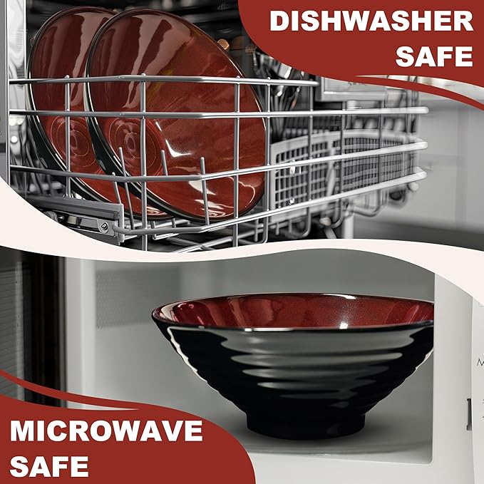 8-Inch 2 Sets Ceramic Ramen Bowl (8 Piece) - Japanese Porcelain Dishwasher Microwave Safe Salad Noodles Cereal Pasta Soup Large Bowls with Chopsticks Forks Spoons for Men Women Housewarming Gift