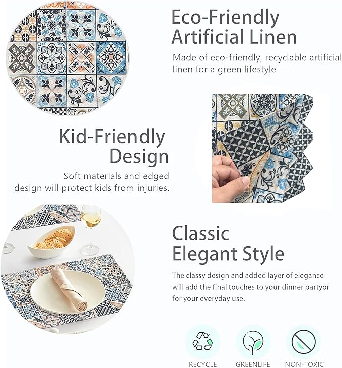 Mandala Bohemian Placemats Set of 6 Two-Sided Washable Table Placemat Boho Mat Fabric Cloth Vintage Flower for Farmhouse Kitchen Outdoor Dining Decor 12x18 Inch (Bohemian B)