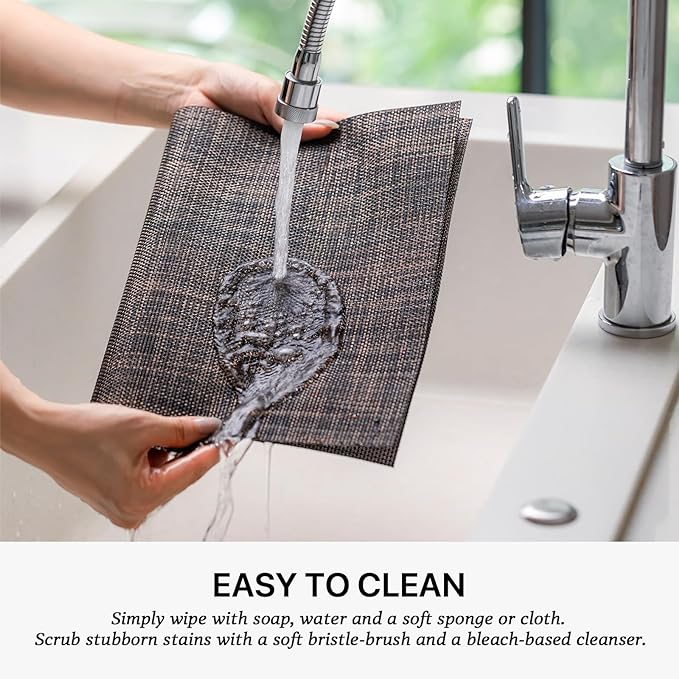 LEXMORE PlaceMats Set of 12 Vinyl/Plastic Woven Place Mats for Kitchen Table Indoor/Outdoor Washable PlaceMat Wipeable Dining Table Mats(Black/Brown)