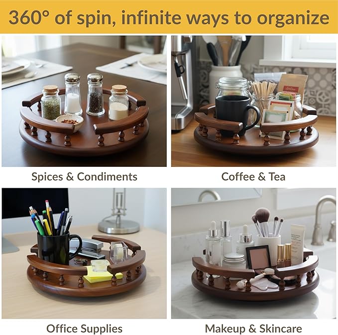 DutchCrafters Solid Wood Lazy Susan Turntable, Rotating Spice Organizer for Kitchen Counter, Dining Table - Amish American Made in USA (Cherry Wood, Michael's Cherry Stain, 12" with Rail)