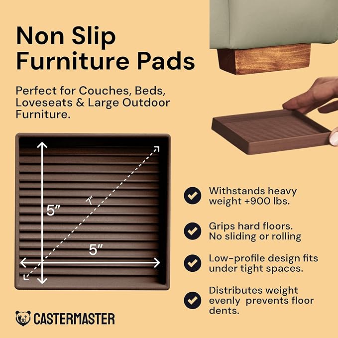 CasterMaster Square Rubber Furniture Pads - 4-Pack, Brown, 5in x 5in - Non Slip Furniture Pads for Hardwood Floors - Floor Protectors for Chairs & Rubber Feet - Stoppers to Prevent Sliding