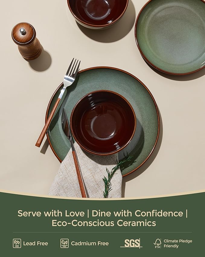 16 Piece Double Bowl Dinnerware Sets with Pasta Bowls, Highly Chip and Crack Resistant Plates and Bowls Sets, Natural Earthyware Ceramic Dishware Sets, Service for 4 Sage Green