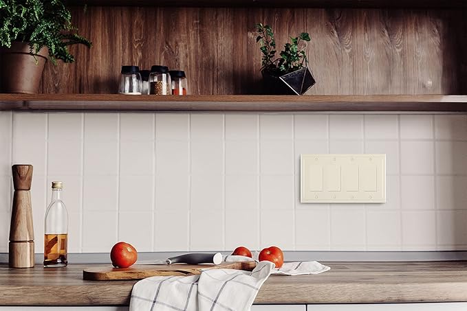 Henne Bery Modern Edge Decorative Wall Plate Switch Plate Outlet Cover, Durable Solid Zinc Alloy (Quad Decorator, Light Almond)