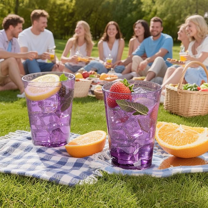 DaYammi 100 Pack 10 oz Purple Plastic Cups- Disposable Cups Tumblers, Elegant Purple Glitter Party Drinking Cup Perfect for Wedding Purple cups Perfect for Valentine's Day Party