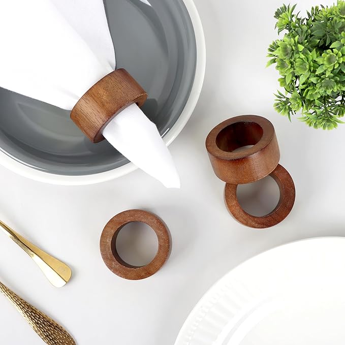 ALPHA Living HOME Handmade Wood Napkin Rings Set of 12 - Dining Table Napkin Holder, Classic Everyday Use Thanksgiving, Christmas Napkin Rings Buckles, Festive Party Gift (Brown)