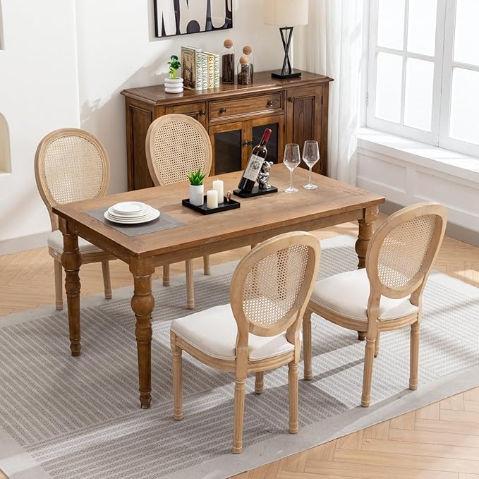 Vintage French Rattan Dining Chairs Set of 8, Solid Wood Frame with Round Rattan Back and Linen Upholstered Seat, Farmhouse Accent Sillas de Comedor Side Chairs for Dining Room & Kitchen, Beige