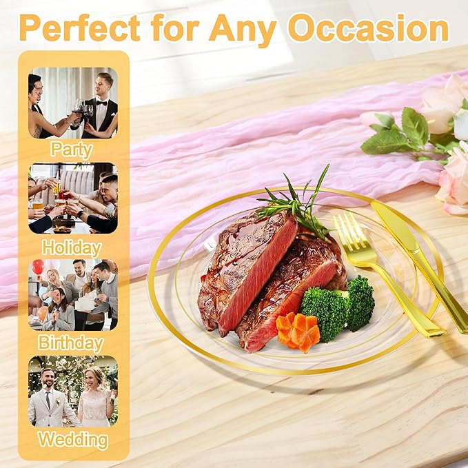 200 PCS Clear Gold Plastic Plates, Gold Rimmed Disposable Party Plates Include 100 Dinner Plate and 100 Dessert Plate Perfect for Party, Holiday, Birthday, Wedding