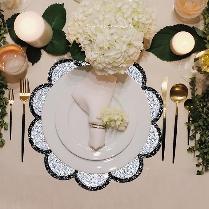 Washable Waterproof Diamond Circle Placemats for Round Tablescape Decor for Dinner and Kitchen Bling Placemats for Weddings & Special Events -12PCS (Silver and Black)
