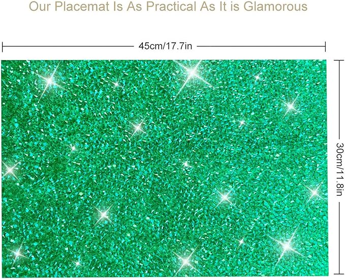 Green Placemats Emerald Heat Resistant Mat Square Placemats Green Trivets Rhinestone Decor Place Mat Crushed Diamond Decor Bling Sparkly Mat Set of 2