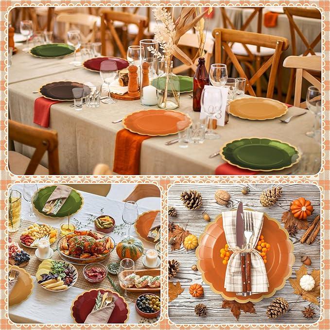 96 Pcs Fall Paper Plates 9 Inch Gradient Scalloped Paper Plates Disposable Dinner Dessert for Birthday Wedding Bridal Party Supplies, 6 Colors