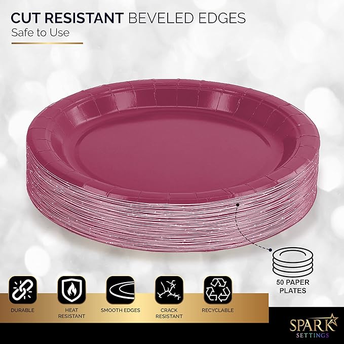 Disposable Paper Plates Burgundy, 7 Inch Paper Dessert Plates, Strong and Sturdy Disposable Plate for Party, Dinner, Holiday, Picnic, or Travel Party Plate, Pack of 50