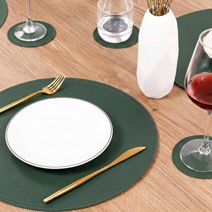 Set of 6 Faux Leather Round Placemats and Coasters, Disko Table Mats and Drink Spills Coasters, Easy to Clean, Double Stitched for Kitchen Dining Table, Diameter 13'' and 3.9''