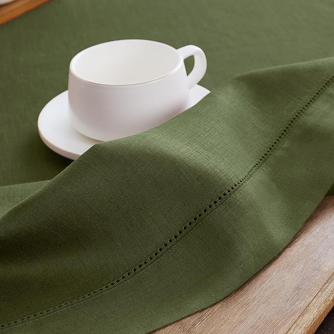 Solino Home Olive Linen Tablecloth 60 x 90 Inch - 100% Pure Linen Hemstitch Table Cloth for Rectangle Tables - Classic Hemstitch, Machine Washable Tablecloth for St Patricks Day