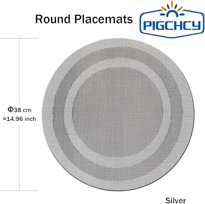 PIGCHCY Round Placemat Set of 8 Vinyl Washable Kitchen 15 inch Table Placemats for Wedding Holiday Party (8pcs Round, Deep Silver)