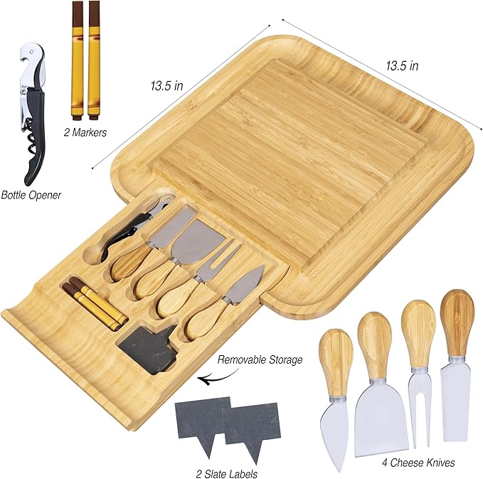 Large Bamboo Cheese Board Gift Set with Slide-Out Drawer & Knife Set – Charcuterie Board for Entertaining, Housewarming & Valentine’s Day Gifts
