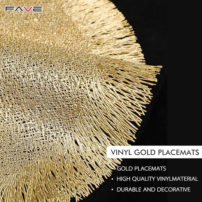 FAVE Round Gold Vinyl Placemats Set of 4, Washable Hollow Out Fringe Place Mats for Wedding, Party, Birthday, Restaurant Decor and Daily Dining(15 inch)