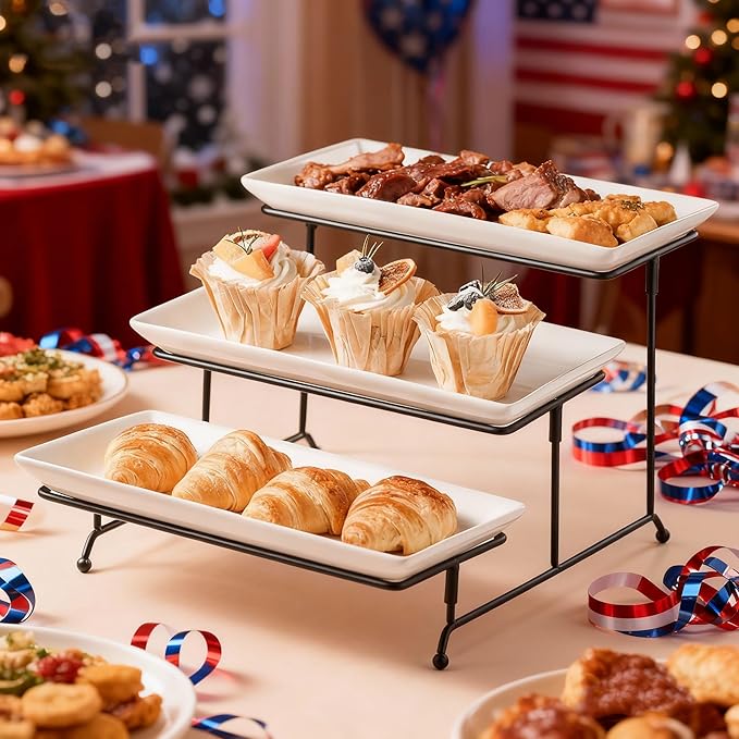 Gomakren 3 Tier Serving Trays Stand Porcelain Serving Platters 12 Inch White Serving Plates Dinner Platters for Appetizer Snack Fruit Cup Cake Tray Display Christmas Serving Dishes for Entertaining