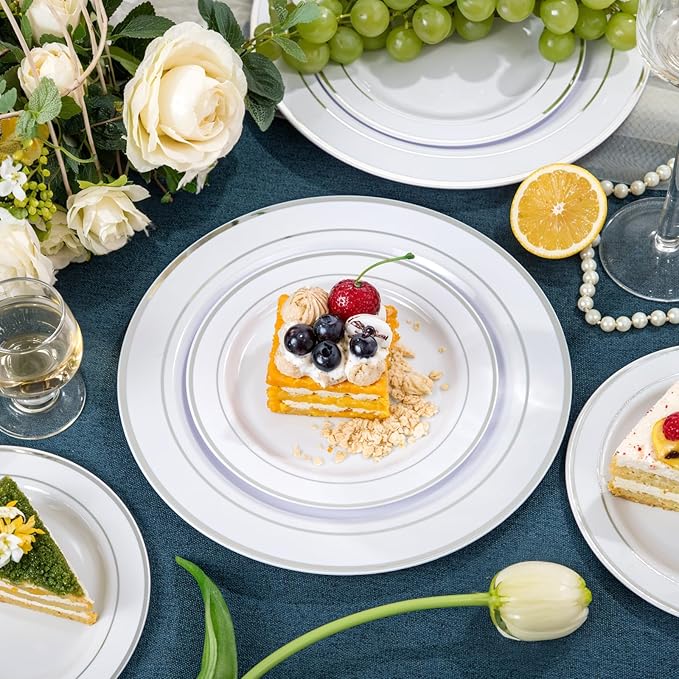 NOCCUR 200PCS Silver Plastic Plates Disposable for 100 Guests - Include 100 Dinner / 100 Dessert Plates Heavy Duty - Ideal for Party/Wedding/New Year