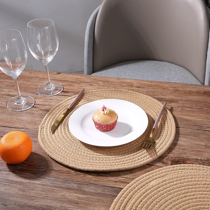 6 Pack Round Woven Placemats,13.8 inch Plate Chargers Brown Jute Thick Place Mats Cotton Jute Rope Braided Tablemats Rattan Tablemats Weave Placemats for Dining Table