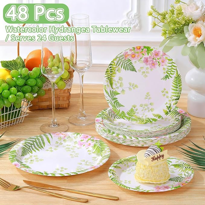 48 Pcs Fern Garden Plates Set Include 9 Inch and 7 Inch Spring Watercolor Disposable Plates Summer Decorative Dinner Birthday Party Tableware for Baby Shower Party Supplies