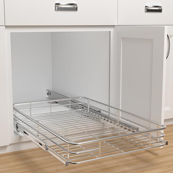 Pull Out Cabinet Organizer (13.4" W x 21" D), Put Out Shelves for Kitchen Cabinets, Roll Out Drawers Heavy-Duty Metal Sliding Shelf, Bottom Mount