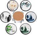 6 Pcs Drink Coasters with Holder,High Mountains Zen Circle Absorbent Round Ceramic Coaster for Tabletop Protection, for Coffee Cup Beverage Coasters Wine Beer Bar