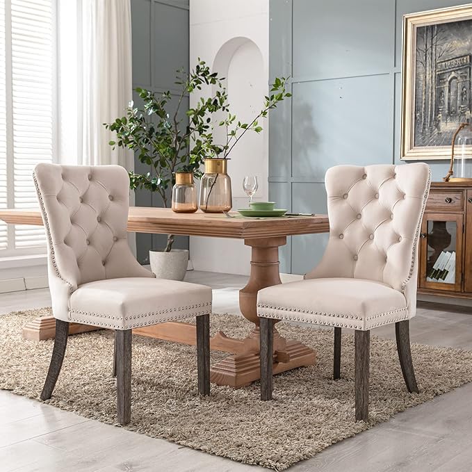 KCC Velvet Dining Chairs Set of 4, Upholstered High-end Tufted Dining Room Chair with Nailhead Back Ring Pull Trim Solid Wood Legs, Nikki Collection Modern Style for Kitchen, Beige