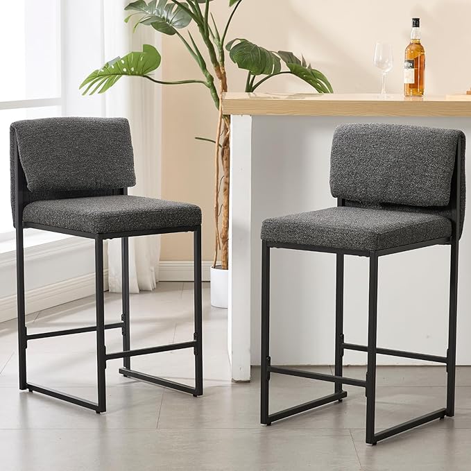Modern Barstools Set of 2, 26” Upholstered Counter Height Bar Stools Sherpa Fabric Counter Stools with Padded Back Metal Frame for Kitchen Island Dining Room, Black