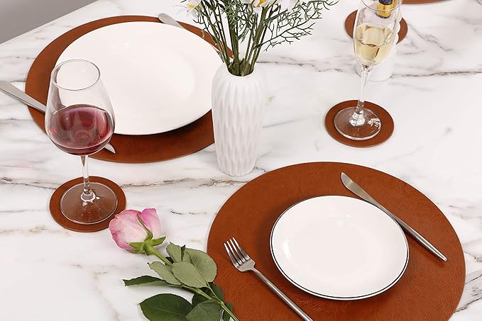 Set of 6 PU Leather Placemats, Waterproof Coffee Coasters, Kitchen Table Mats, Easy to Wipe Off for Dining Round Table
