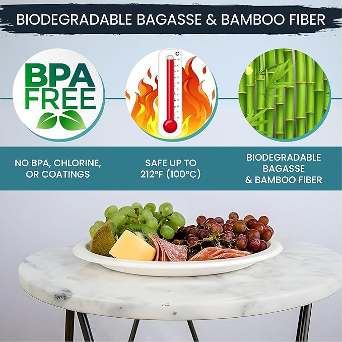 100-Pack Heavy-Duty Compostable Paper Plates 6 Inch Biodegradable Disposable Dessert Plates Natural Sugarcane Bagasse, Eco-Friendly & Microwave Safe - Ideal for Parties or Everyday Use