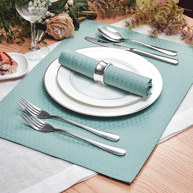 Place Mats Set of 8 – Rectangle Rectangular Waterproof Fabric Polyester Cloth Washable Wipeable Heat Resistant Placemats for Kitchen Dining Dinner Table Indoor 13 x 19 Inch Turquoise