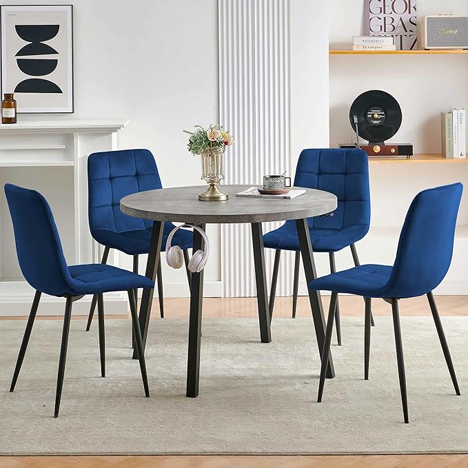 5-Piece Round Dining Table Set for 4, Grey Engineered Wood Coffee Breakfast Table with Hooks, 4 Soft Velvet Kitchen Dining Chairs, Metal Legs