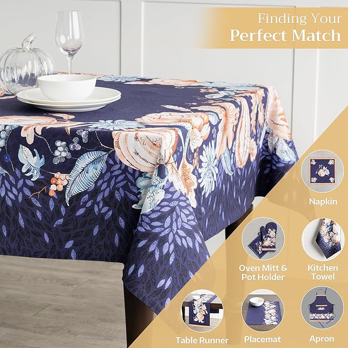 Maison d' Hermine Table Cloth Rectangle Table 100% Cotton 70 x 108 Inches Fall Tablecloth Reusable Everyday Use for Thanksgiving Christmas Decorations Dining Farmhouse Party (Pumpkin Blues)