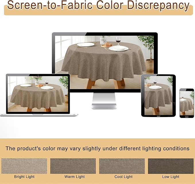 JIUZHEN Round Table Cloth Faux Linen Farmhouse Tablecloth Wrinkle & Stain Resistant Table Cover for Kitchen Dining, Holiday Party Dinner, Khaki, 60 Inch Round