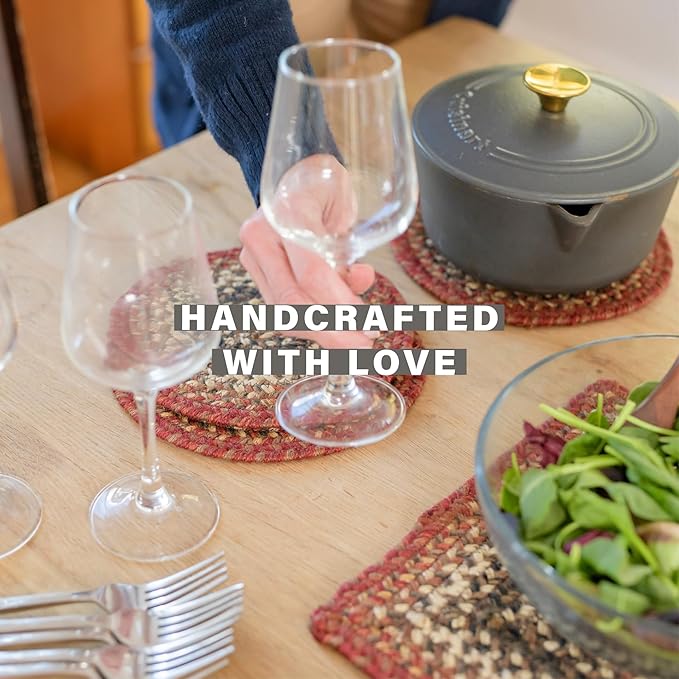 Homespice Chester Jute Braided Kitchen Trivets for Hot Dishes, Warm Cabin and Lodge Decor, Set of 6, Red 8" Round Heat Resistant Mat - Rich Colors, Easy to Clean, Durable and Protects Furniture
