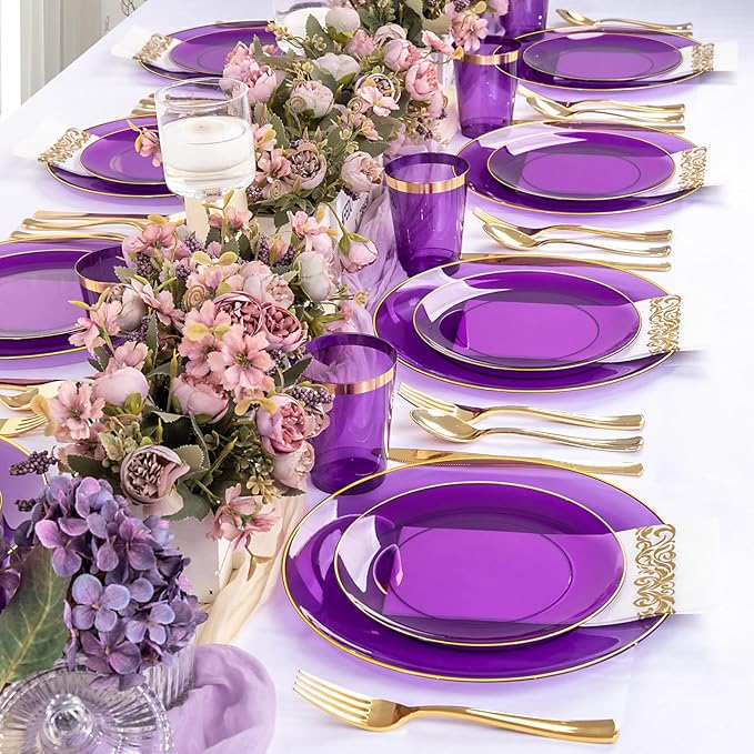 YOUBET 175PCS Purple Plastic Plates - Purple and Gold Disposable Plates Include 50 Plate, 75 Silverware, 25 Cups, 25 Napkins for Wedding & Mardi Gras Party