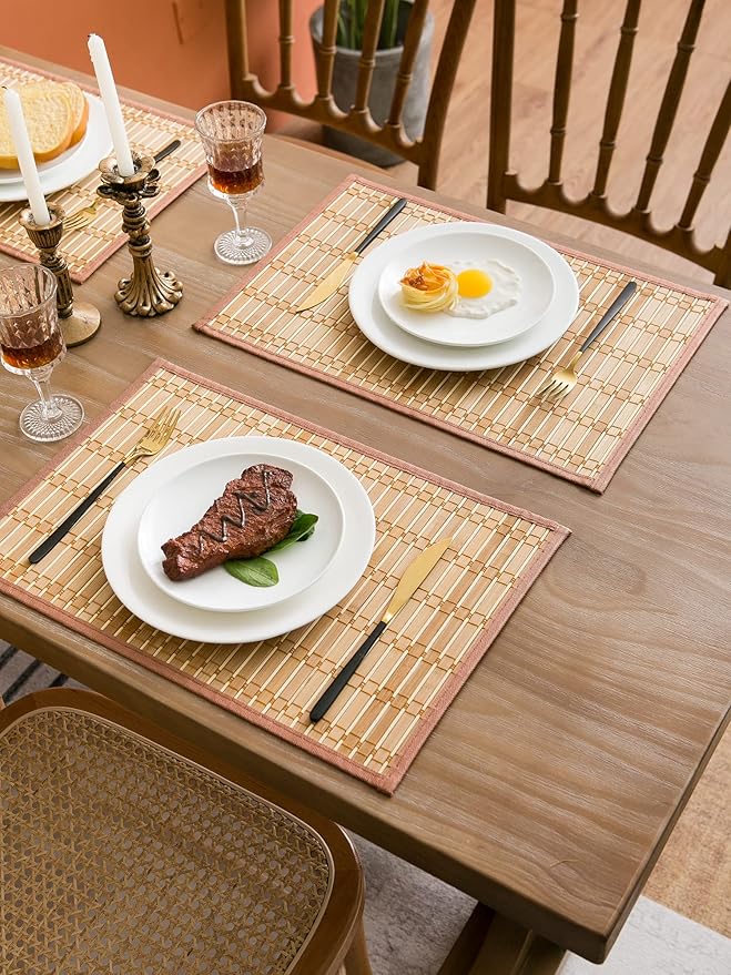 ANDSTAR Set of 8 Pcs Bamboo Placemats with Fabric Border Japanese Style Natural Anti-Slip Bamboo Placemats Washable Heat-Resistant Table Mats for Dining Room and Kitchen（Coffee）