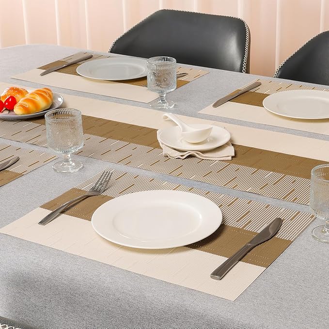Placemats Set of 8, Vinyl Woven Place Mats Indoor Set of 8 Washable Wipeable PVC Table Mats Heat-Resistant Non Slip Placemat for Kitchen Dining Outdoor Table (Beige Light Brown, Set of 8)