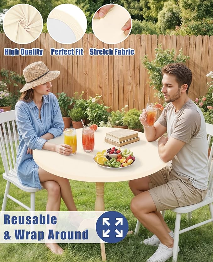 Round Spandex Tablecloth, Elastic Fitted Waterproof Tablecloths for 18"-24" Tables, Stretch Washable Picnic Table Cover for Camping, Dining, Indoor and Outdoor, Beige