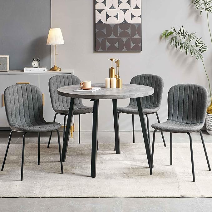Round Dining Table Set for 4 with PU Leather Chairs - Modern Kitchen Table and Chairs Set for Small Spaces - Dark Grey