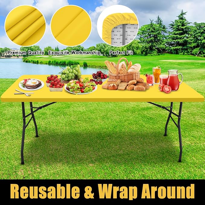 Smiry Rectangle Picnic Table Cloth, Waterproof Elastic Fitted Tablecloths for 4 Foot Tables, Washable Polyester Table Cover for Camping, Indoor and Outdoor (Yellow, 24"x48")