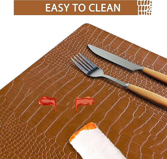 Jovono Faux Leather Placemats Set of 4, Waterproof Heat Resistant Dinner Place Mats for Dining Table, Non-Slip Crocodile Embossed, Brown (17.8x11.8 Inch)