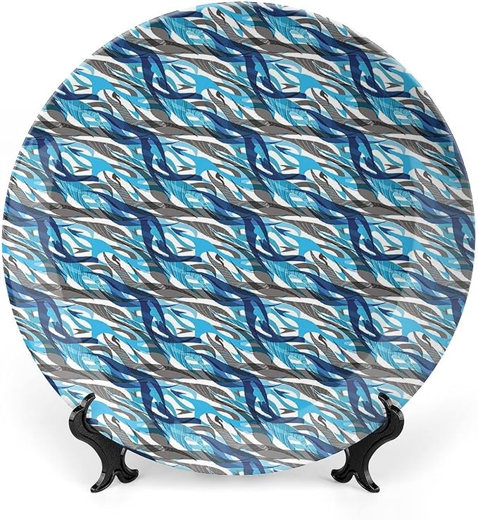 Decorative Plates, Abstract Print Ornament, Modern Art Stripes Swirls Waves Trippy, 8 Inch, Kitchen Wall Decor, Grey Blue White