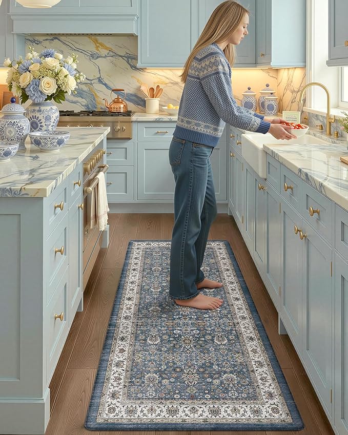 Color&Geometry Anti Fatigue Kitchen Mats for Floor 24x59, Vintage Decor, Easy Clean, Waterproof & Oil Proof, 0.4" Thick Cushioned, Non-Slip Kitchen Runner Rug for Sink, Laundry, Office, Blue