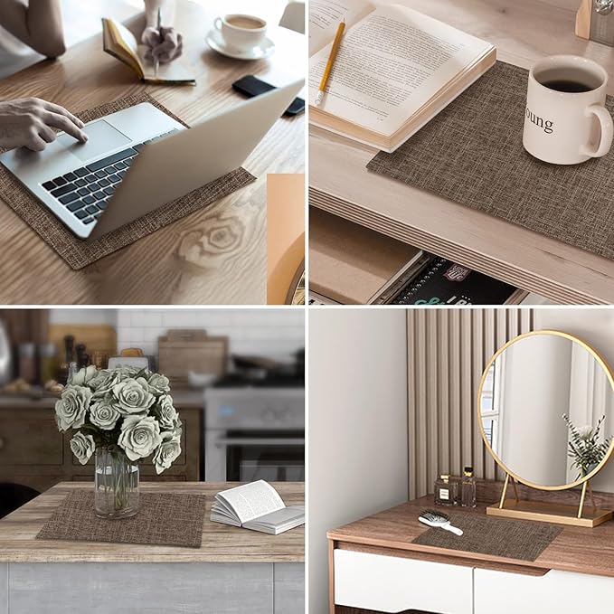 Placemats Set of 8, Faux Linen Dining Table Mats Heat Resistant Placemats for Kitchen Table, Washable Anti-Slip Place Mats, Kitchen Placemats Easy to Clean(Dark Brown)