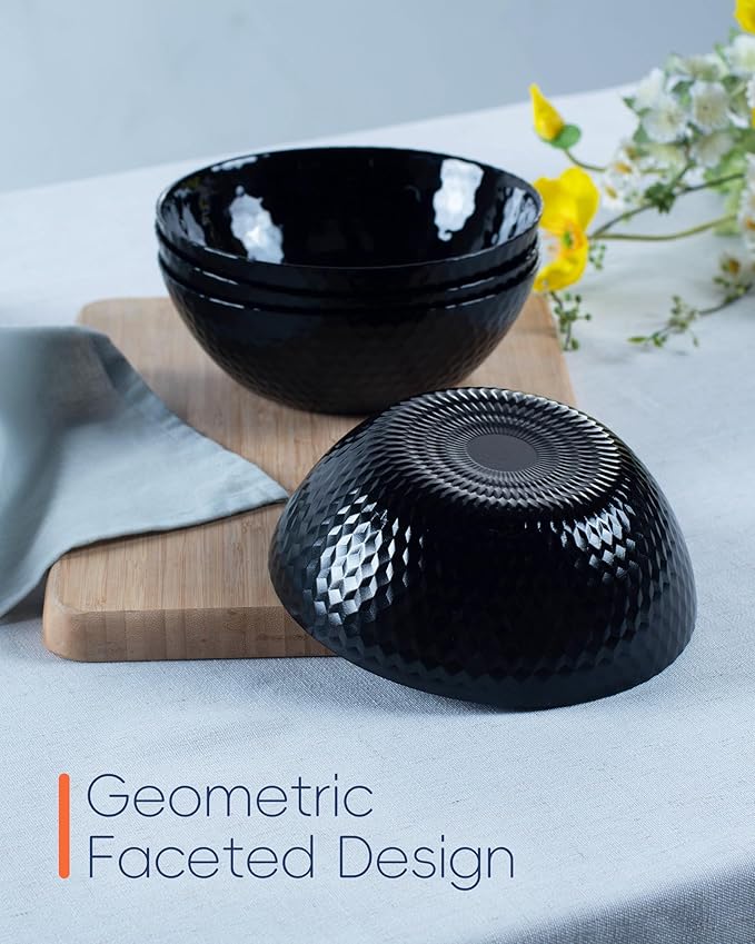Dinnerware Sets for 4, Light & Durable 12 Pieces Opal Glass Plates and Bowls Set, Dishwasher and Microwave Safe Dish Dinning Ware, Thin but Strong Geometric Faceted Black